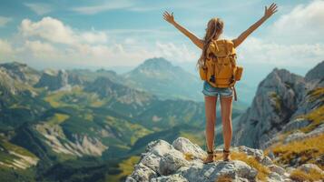 AI generated Woman Standing on Top of Mountain With Outstretched Arms photo