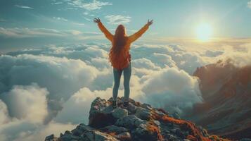 AI generated Woman Standing on Top of Mountain With Outstretched Arms photo