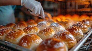 AI generated Tray of Bread Rolls Cooking on Grill photo