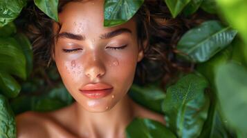 AI generated Woman Surrounded by Leaves With Closed Eyes photo