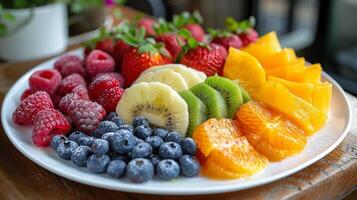 ai generado blanco plato desbordante con clasificado Fresco Fruta foto