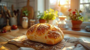 AI generated Loaf of Bread on Wooden Table photo