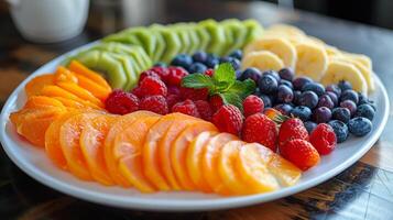 ai generado blanco plato desbordante con clasificado Fresco Fruta foto