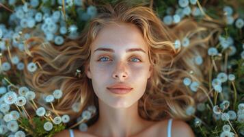 AI generated Woman Laying in a Field of Flowers photo