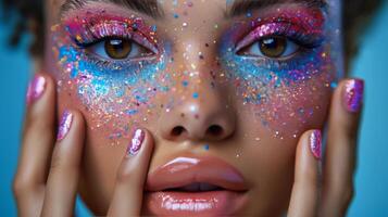 AI generated Woman With Bright Makeup and Glitter on Face photo