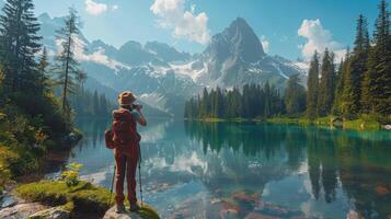 ai generado hombre en pie en montaña por lago foto