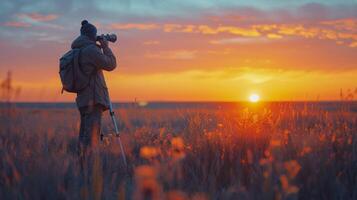 ai generado hombre observando puesta de sol mediante telescopio foto