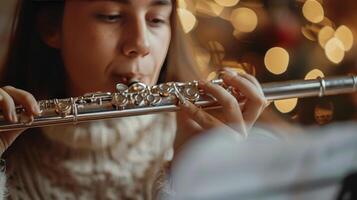 AI generated Woman Playing Flute in Front of Christmas Tree photo