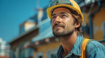AI generated Construction Worker Wearing Hard Hat Looking Up photo