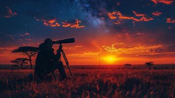 ai generado hombre observando puesta de sol mediante telescopio foto