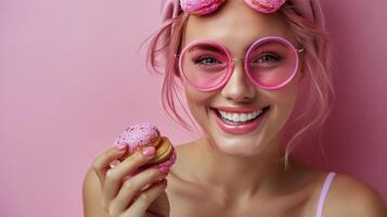 ai generado mujer con rosado lentes participación rosquilla foto