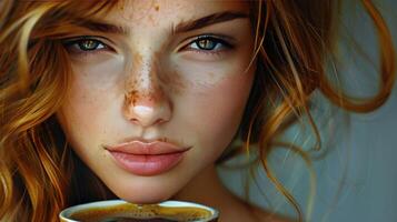 AI generated Woman With Freckles Holding Cup of Coffee photo