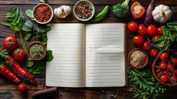 AI generated Open Notebook Surrounded by Vegetables and Spices photo