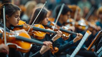 ai generado grupo de joven muchachas jugando violín foto