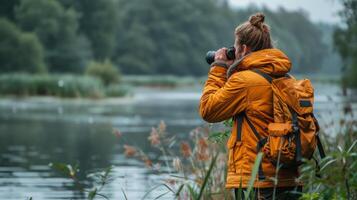 AI generated Woman in Yellow Jacket Taking Picture of Lake photo