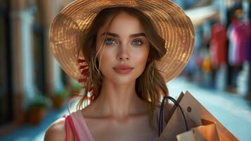 AI generated Woman in Hat Holding Shopping Bags photo