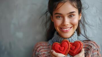 ai generado mujer participación corazón conformado galletas foto