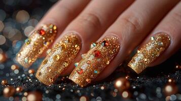 AI generated Womans Hand Covered in Gold Glitter photo