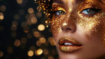 ai generado mujer con oro Brillantina en cara foto