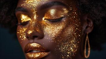 ai generado cerca arriba de mujer con oro maquillaje foto