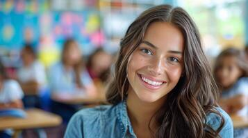 AI generated Girl Smiling Among Students in Classroom photo