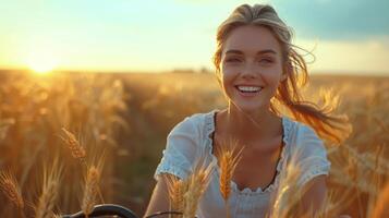 ai generado mujer montando bicicleta mediante trigo campo foto