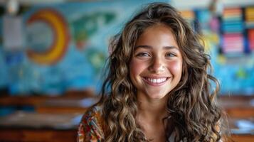 ai generado niña sonriente entre estudiantes en salón de clases foto