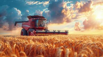 AI generated Red Tractor Driving Through Wheat Field photo