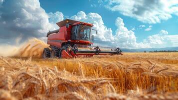 AI generated Red Tractor Driving Through Wheat Field photo