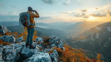 AI generated Man Standing on Mountain Top Taking Picture photo