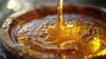 AI generated Wooden Bowl Filled With Honey on Table photo