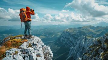 AI generated Man Standing on Mountain Top Taking Picture photo