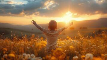 AI generated Little Boy Standing in Field With Outstretched Arms photo