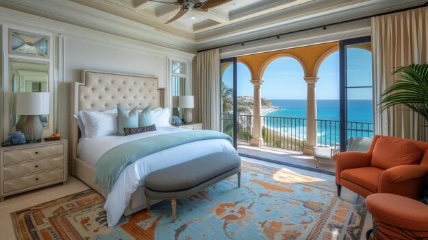 AI generated Bedroom With Large Bed and Ocean View photo