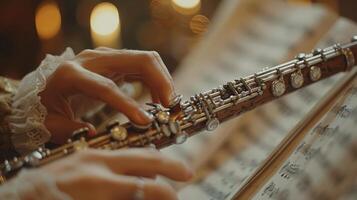 AI generated Woman Playing Flute in Front of Christmas Tree photo