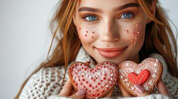 ai generado mujer participación corazón conformado galletas foto