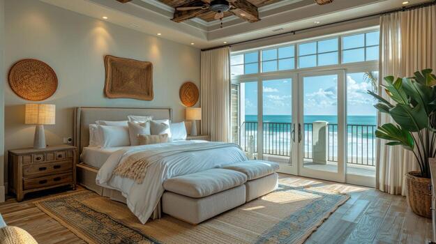 AI generated Bedroom With Large Bed and Ocean View photo