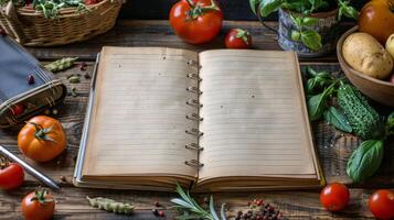 ai generado abierto cuaderno rodeado por vegetales y especias foto