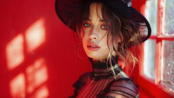 AI generated Woman in Black Hat Leaning Against Red Wall photo