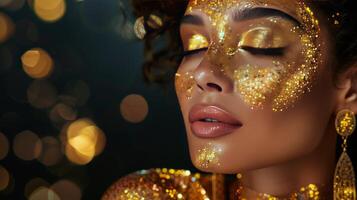 ai generado mujer con oro Brillantina en cara foto