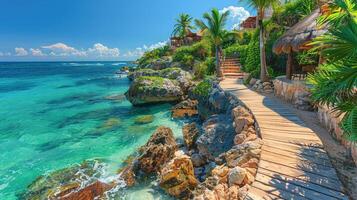 AI generated Wooden Dock Extending Into Ocean photo