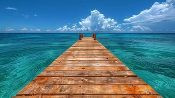 ai generado de madera muelle extensión dentro Oceano foto