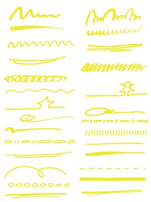 Yellow marker brush doodle strokes set of underlines strokes of marker brush style. Doodle strokes set.
