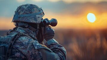 AI generated Soldier Looking Through Scope at Sun photo