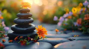 AI generated Stack of Rocks in Field of Flowers photo