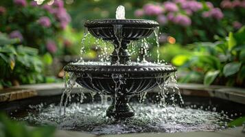 ai generado agua fuente en medio de jardín foto