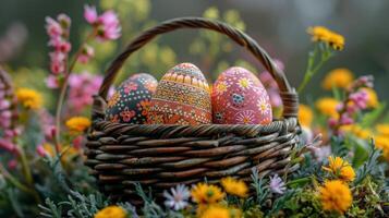 ai generado cesta de Pascua de Resurrección huevos en flor campo foto