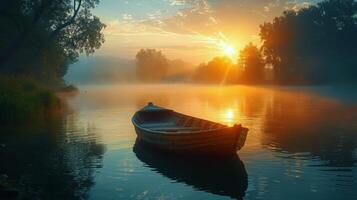 AI generated Boat Floating on Lake Beside Forest photo