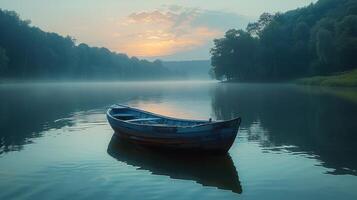 AI generated Boat Floating on Lake Beside Forest photo