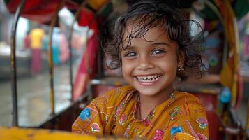 AI generated Young Boy Smiles Riding Rickshaw photo